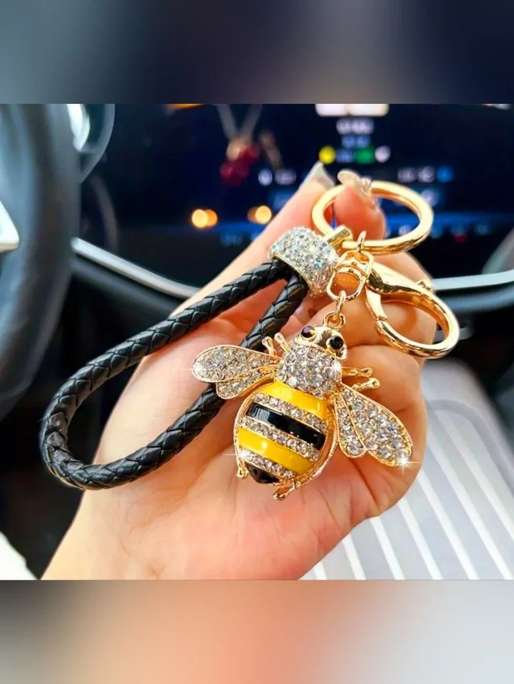 Crystal Bee Charm Keychain On Braided Leather Strap - Picture 2 of 3